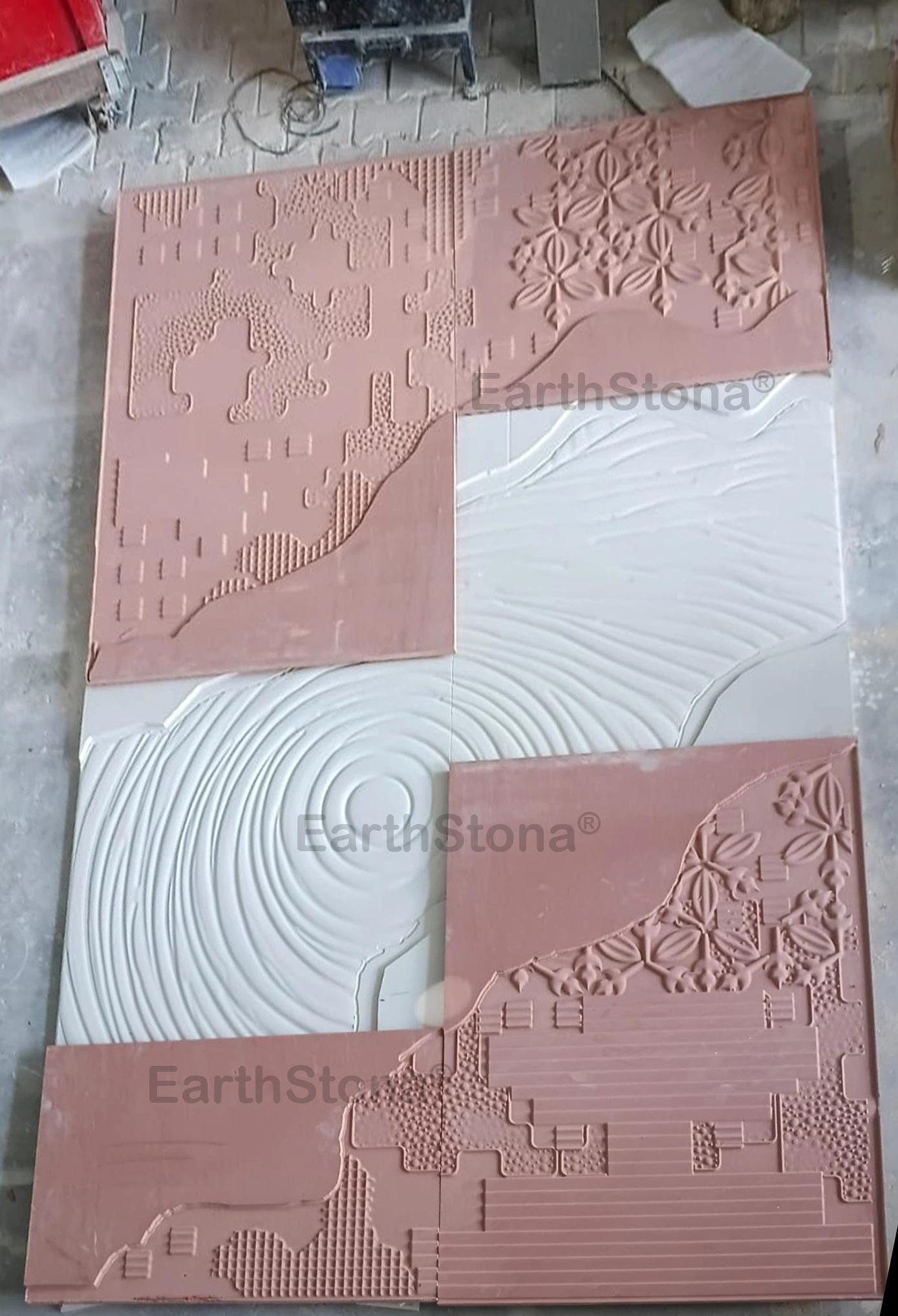 Modern abstract 3D natural sandstone wall cladding with geometric and floral carved patterns